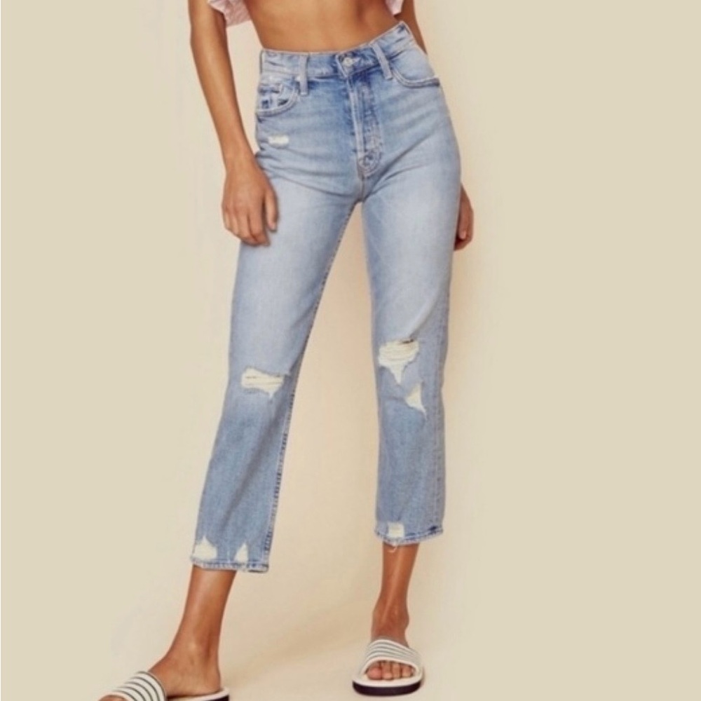 MOTHER Light Blue Distressed Cropped Jeans